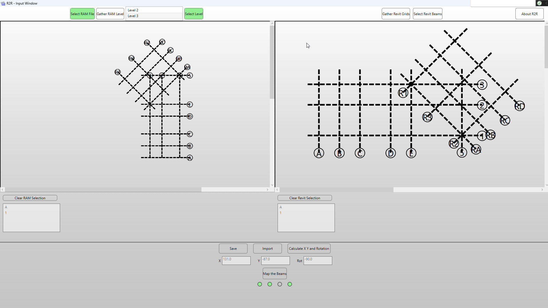 R2R input window showing RAM and Revit grid selection side by side